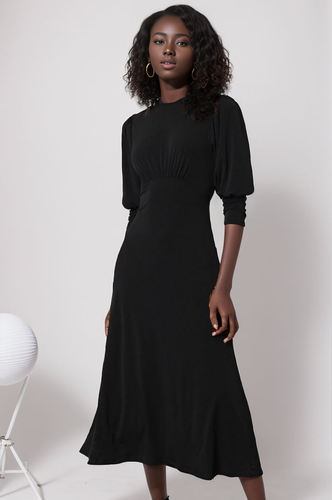 Long Puff Sleeve Women's Midi Dress