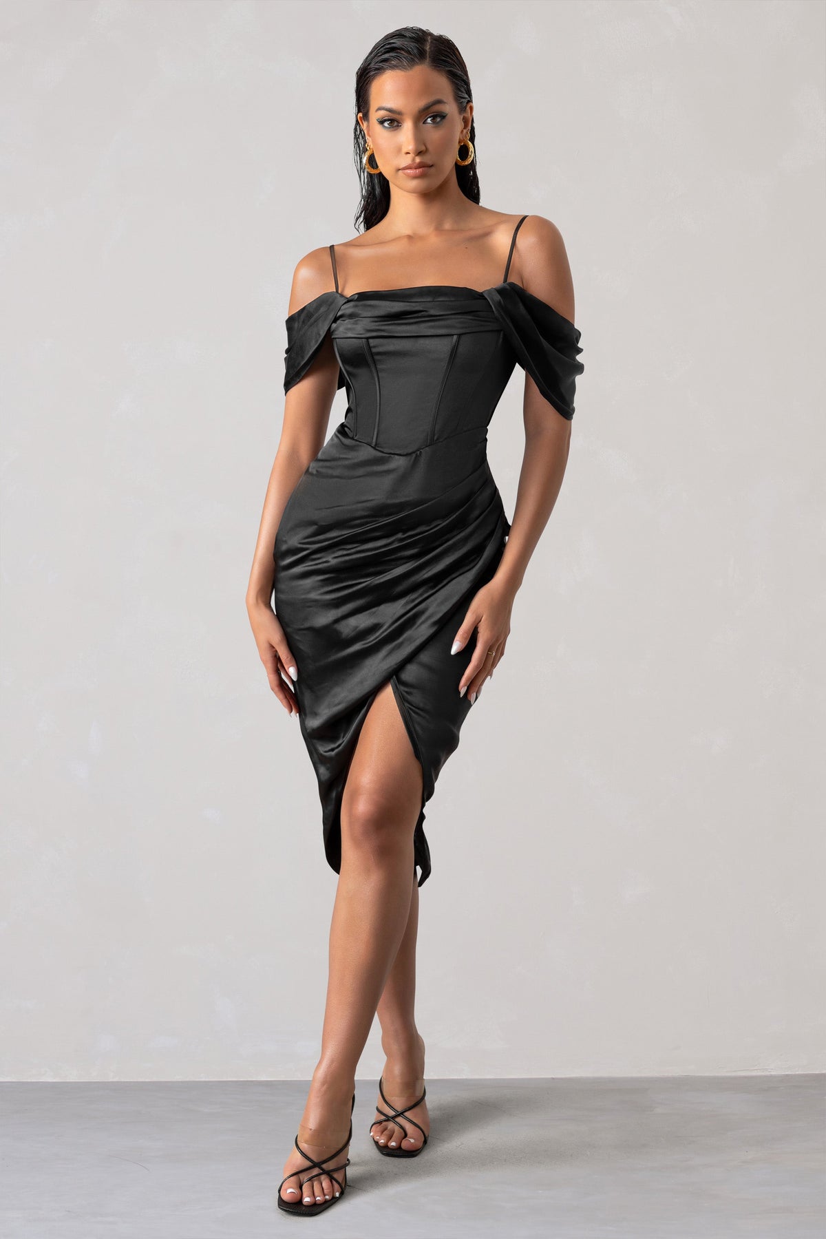 SATIN SLEEVE CORSET WRAP WOMEN'S MIDI DRESS