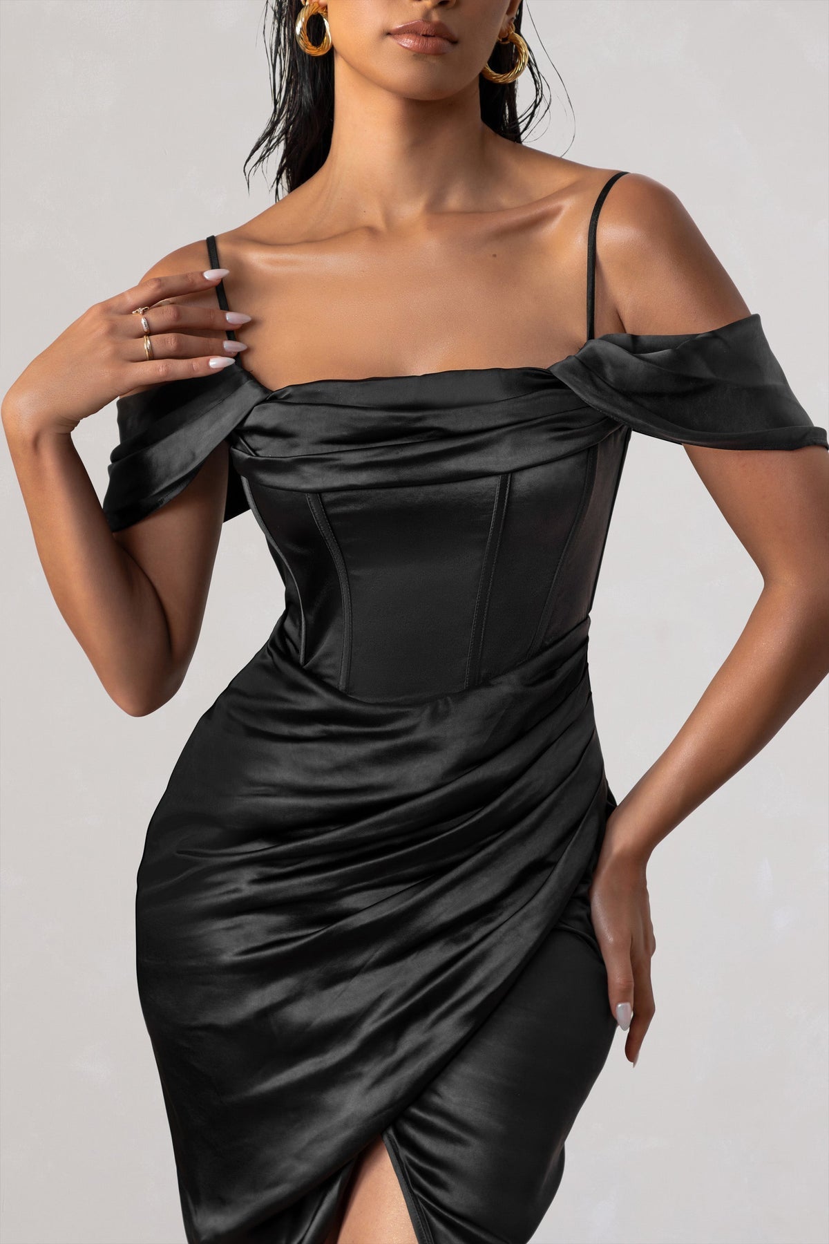 SATIN SLEEVE CORSET WRAP WOMEN'S MIDI DRESS