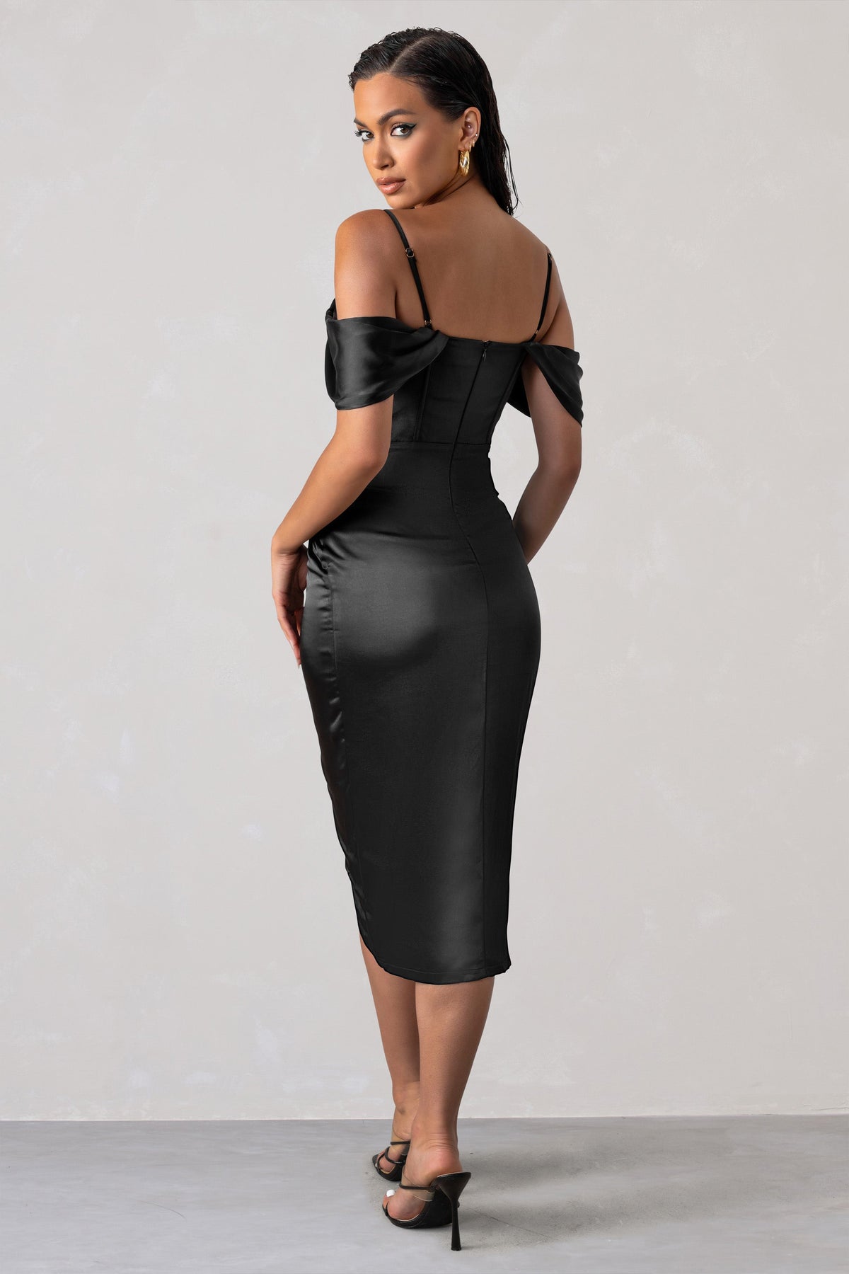 SATIN SLEEVE CORSET WRAP WOMEN'S MIDI DRESS