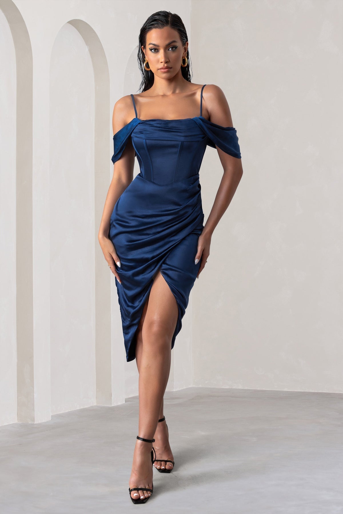 SATIN SLEEVE CORSET WRAP WOMEN'S MIDI DRESS