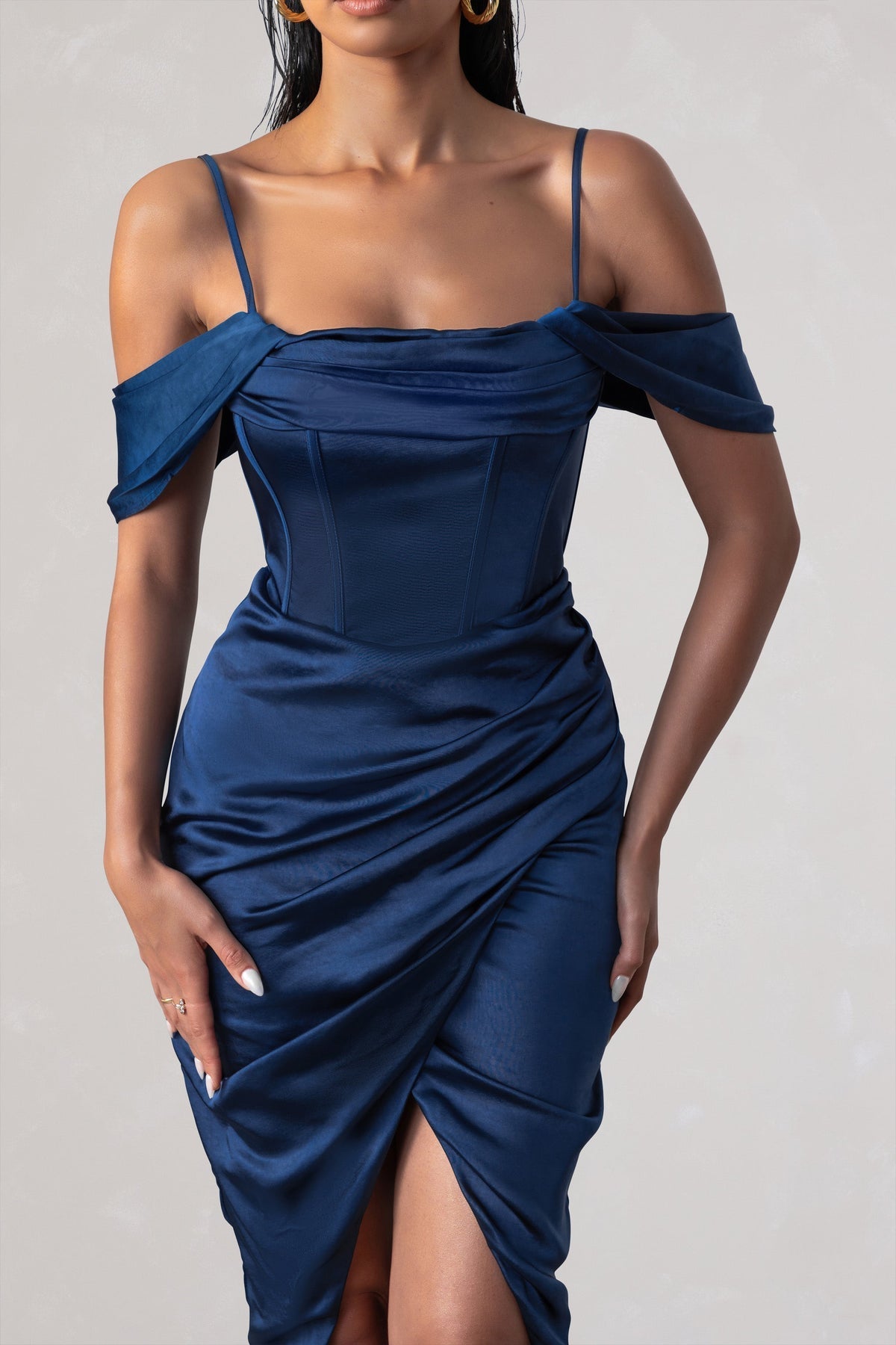 SATIN SLEEVE CORSET WRAP WOMEN'S MIDI DRESS