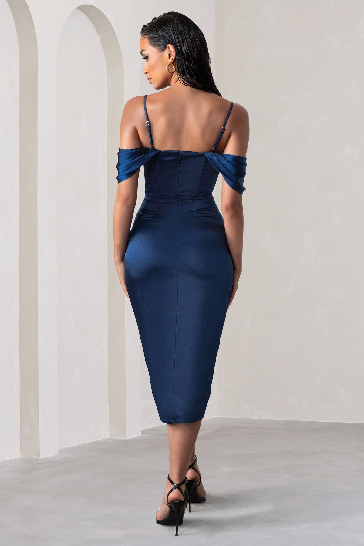 SATIN SLEEVE CORSET WRAP WOMEN'S MIDI DRESS