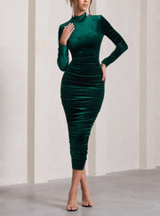 Enchanting Bottle Green Velvet Backless Midi Dress