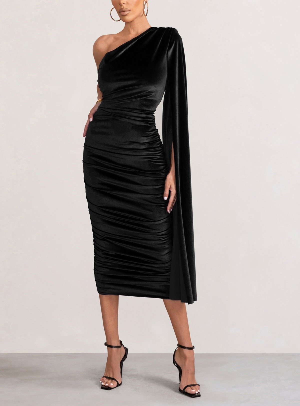 Glamour Velvet One Shoulder Cape Midi Dress