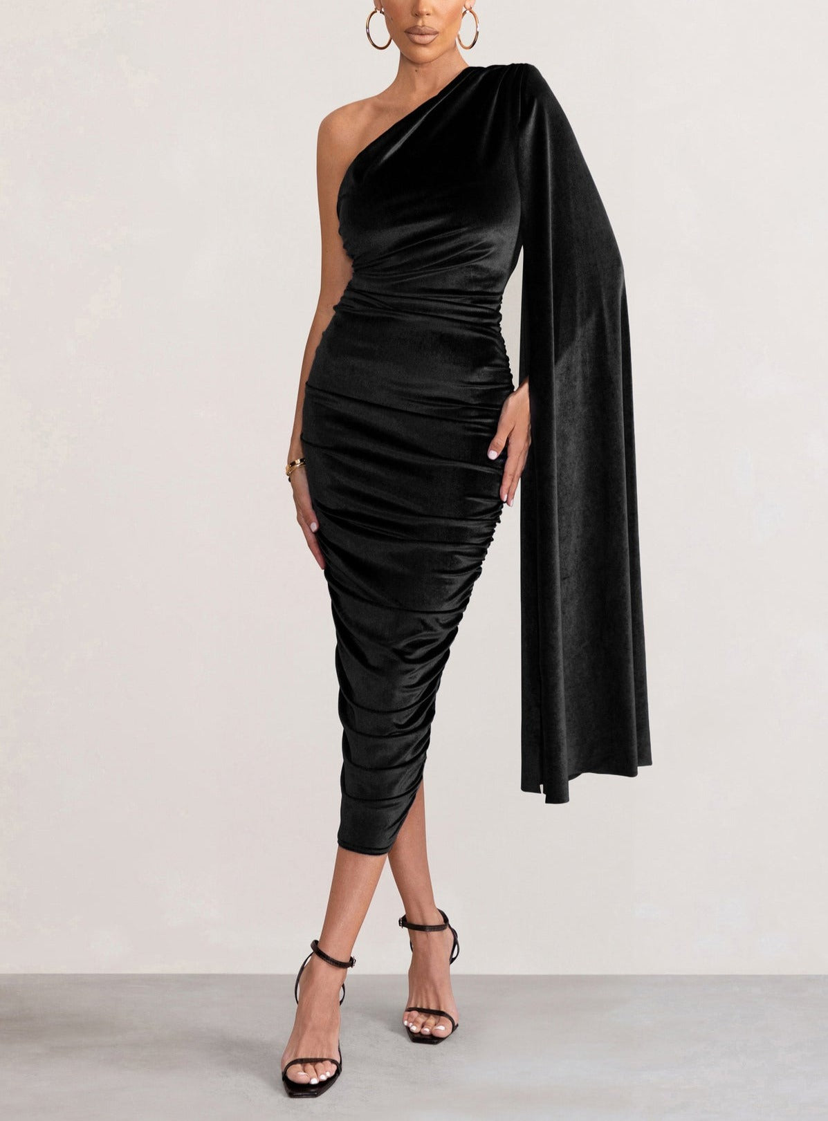 Glamour Velvet One Shoulder Cape Midi Dress