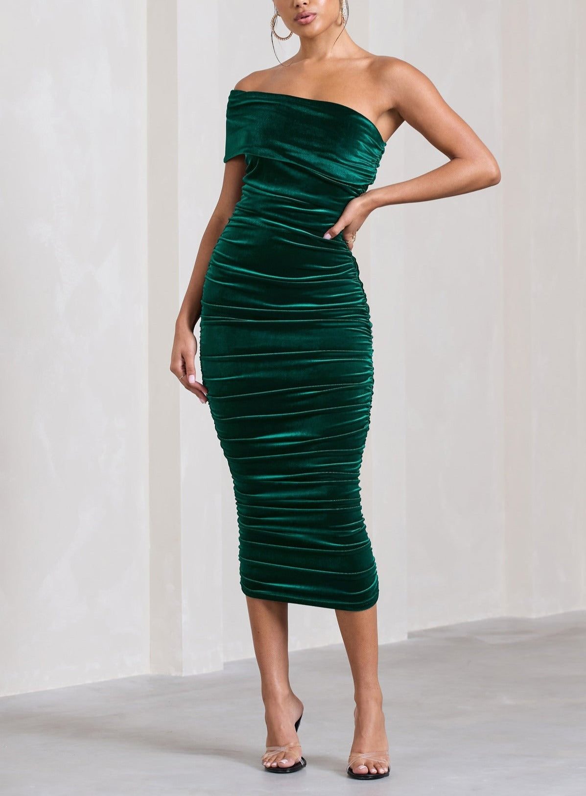 Premium Velvet One Shoulder womens Midi Dress