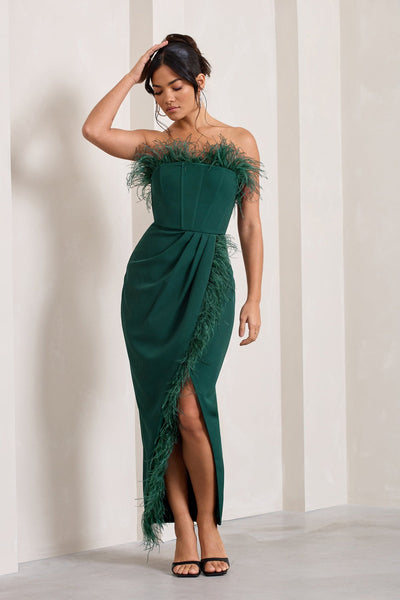 Glamorous Feather-Trimmed Corset Midi Dress