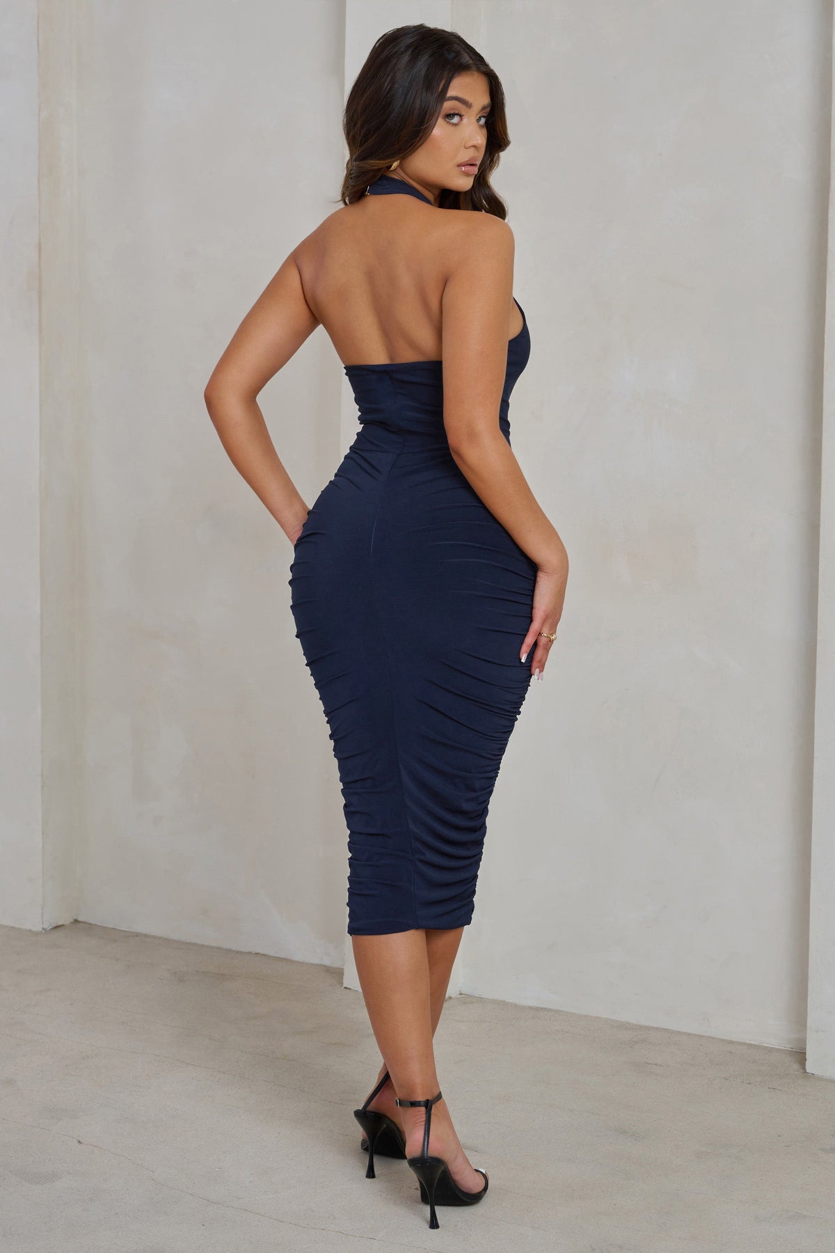 Ruched Halterneck Midi Dress for Women