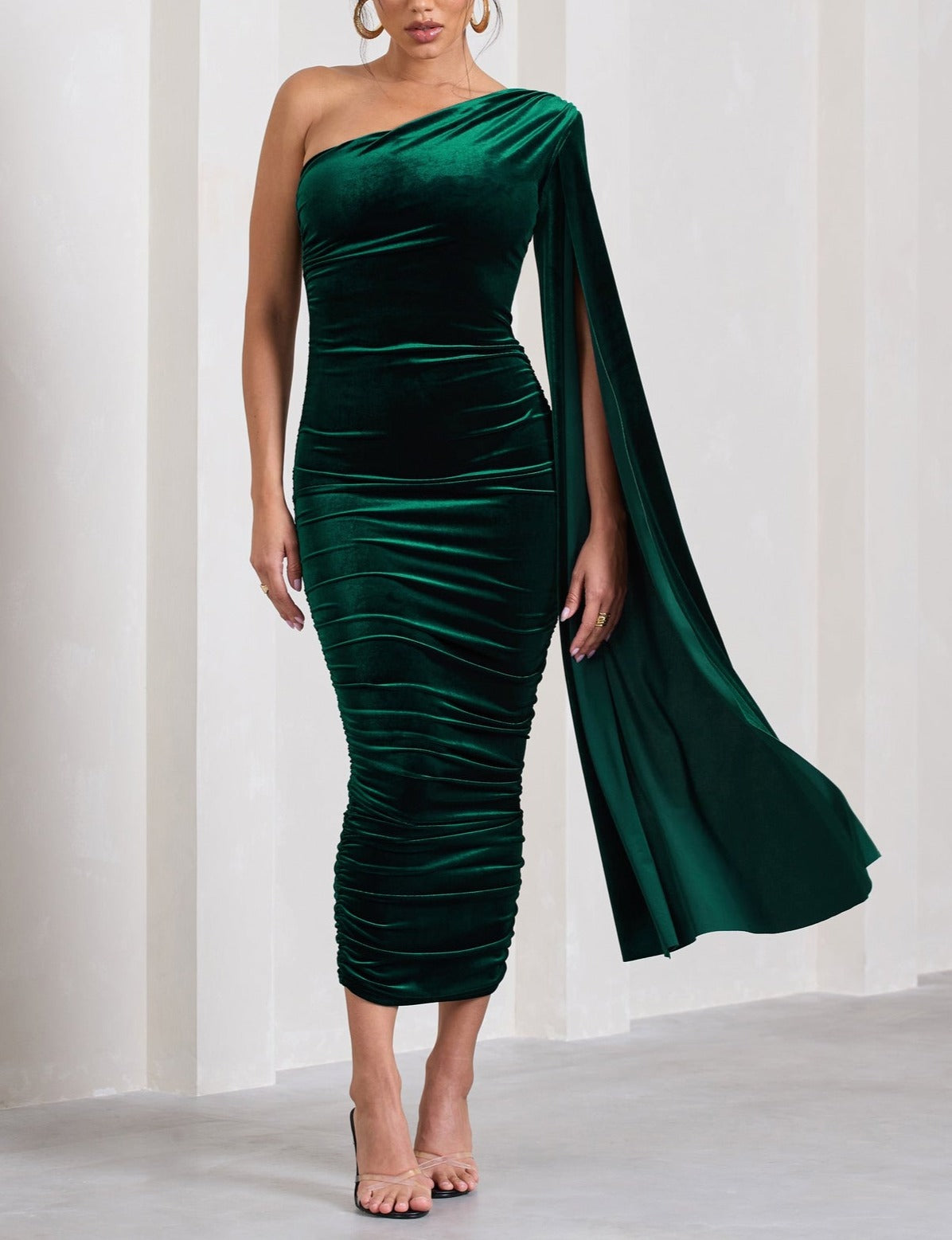 Glamour Velvet One Shoulder Cape Midi Dress