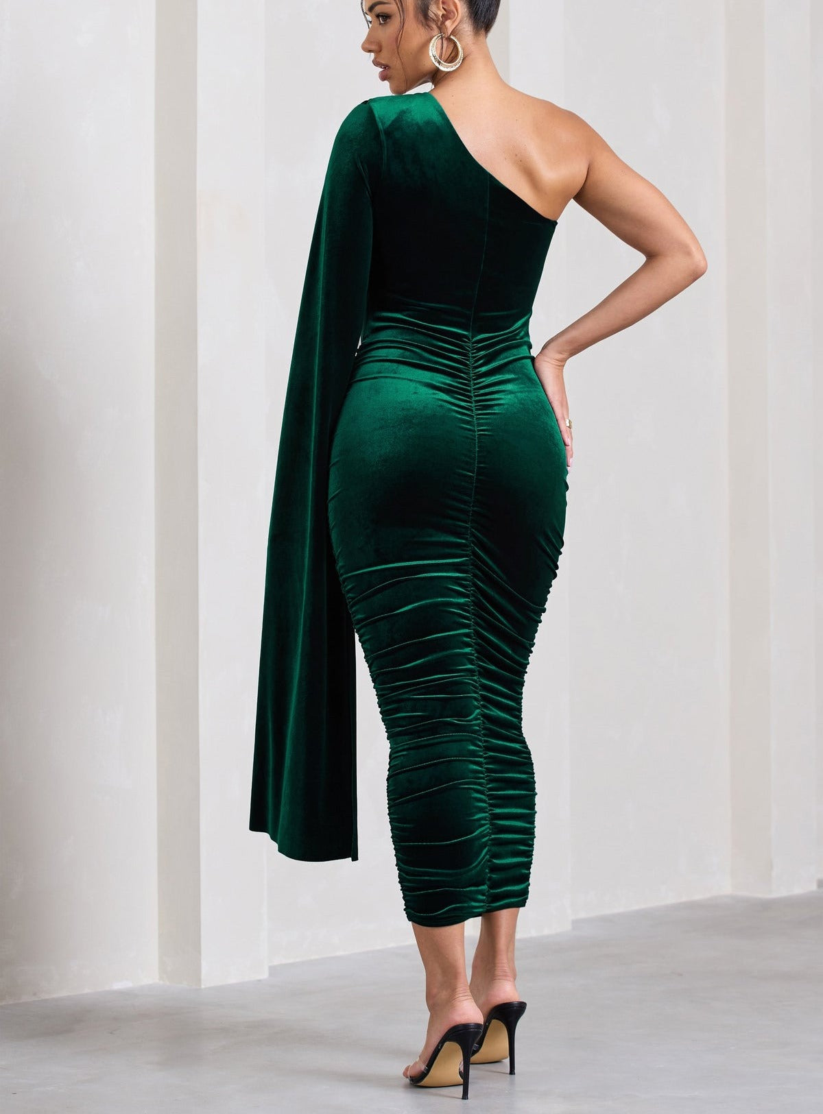 Glamour Velvet One Shoulder Cape Midi Dress