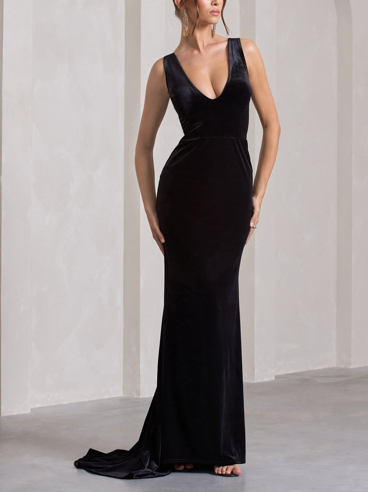 Velvet Plunge Neck Fishtail Midi Dress