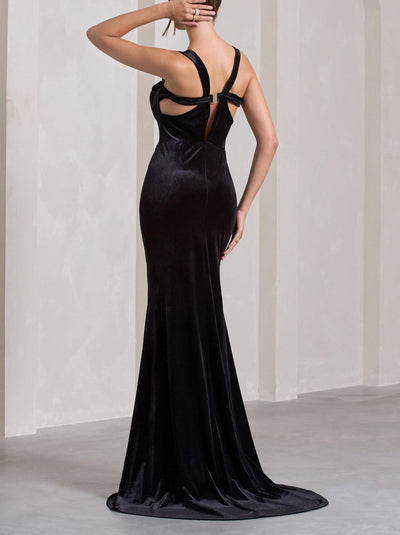 Velvet Plunge Neck Fishtail Midi Dress
