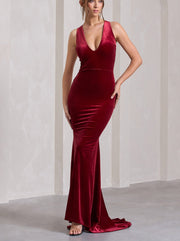 Velvet Plunge Neck Fishtail Midi Dress
