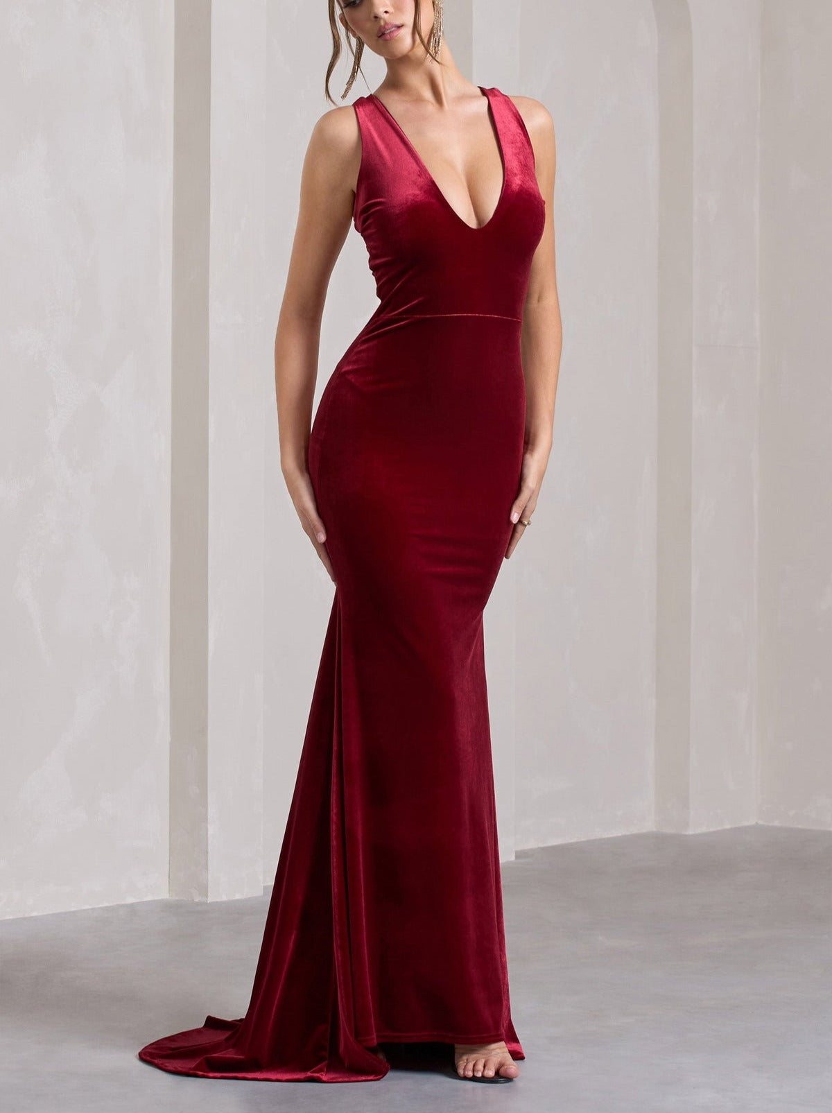 Velvet Plunge Neck Fishtail Midi Dress
