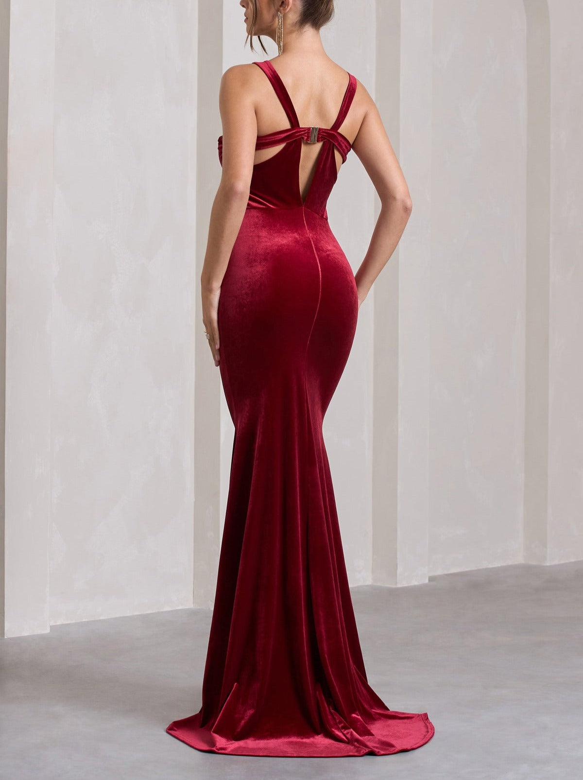 Velvet Plunge Neck Fishtail Midi Dress