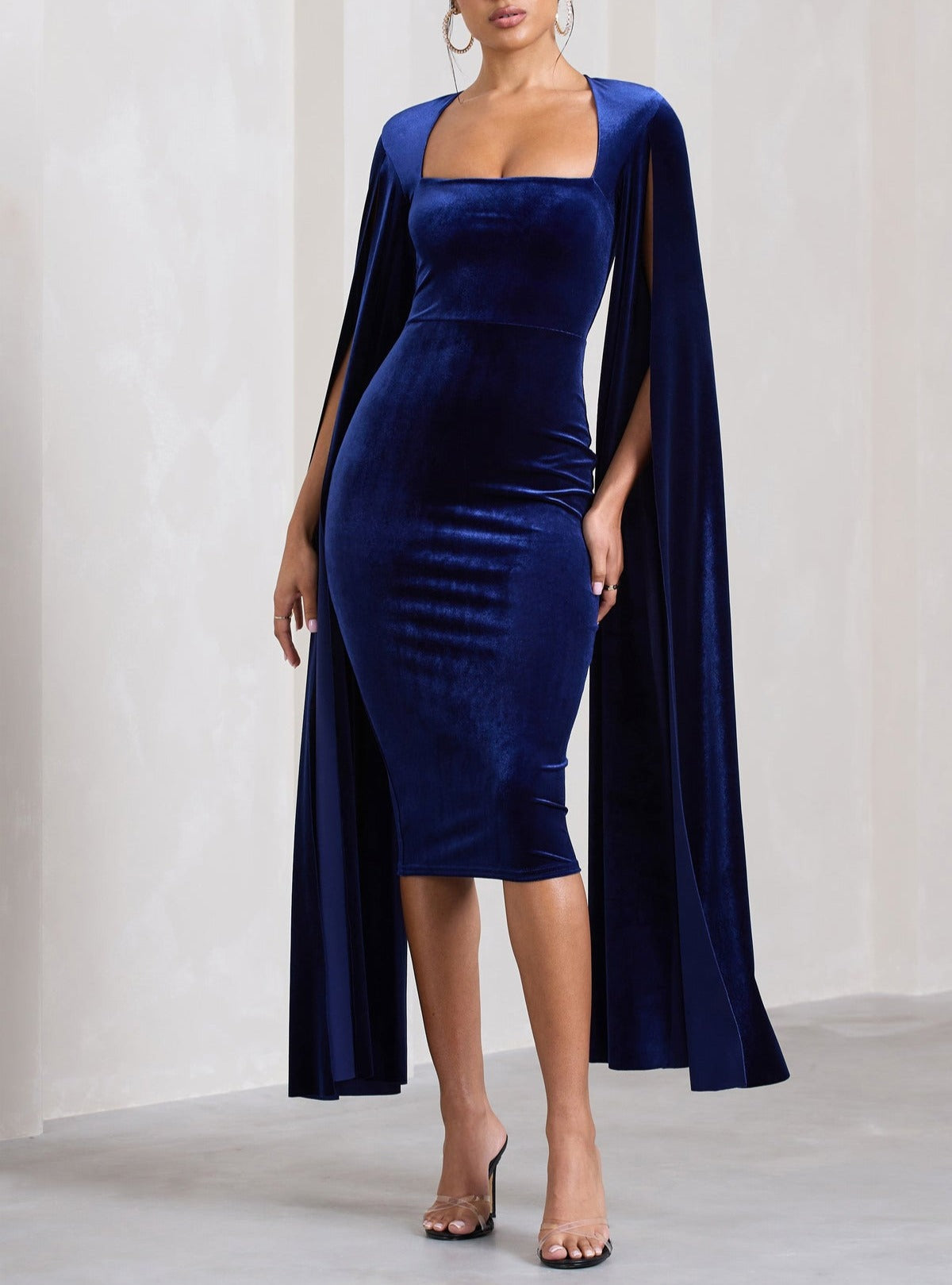 Regal Velvet Midi Dress with Cape Sleeves