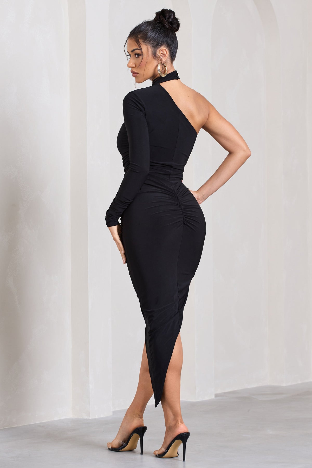 Black One sleeved Women Midi Dress