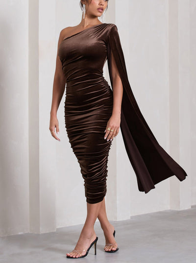 Glamour Velvet One Shoulder Cape Midi Dress