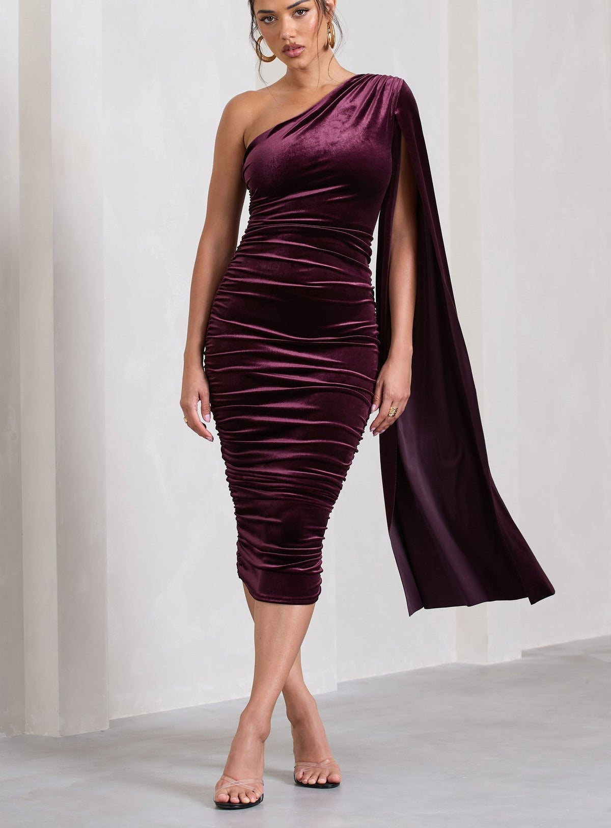 Glamour Velvet One Shoulder Cape Midi Dress