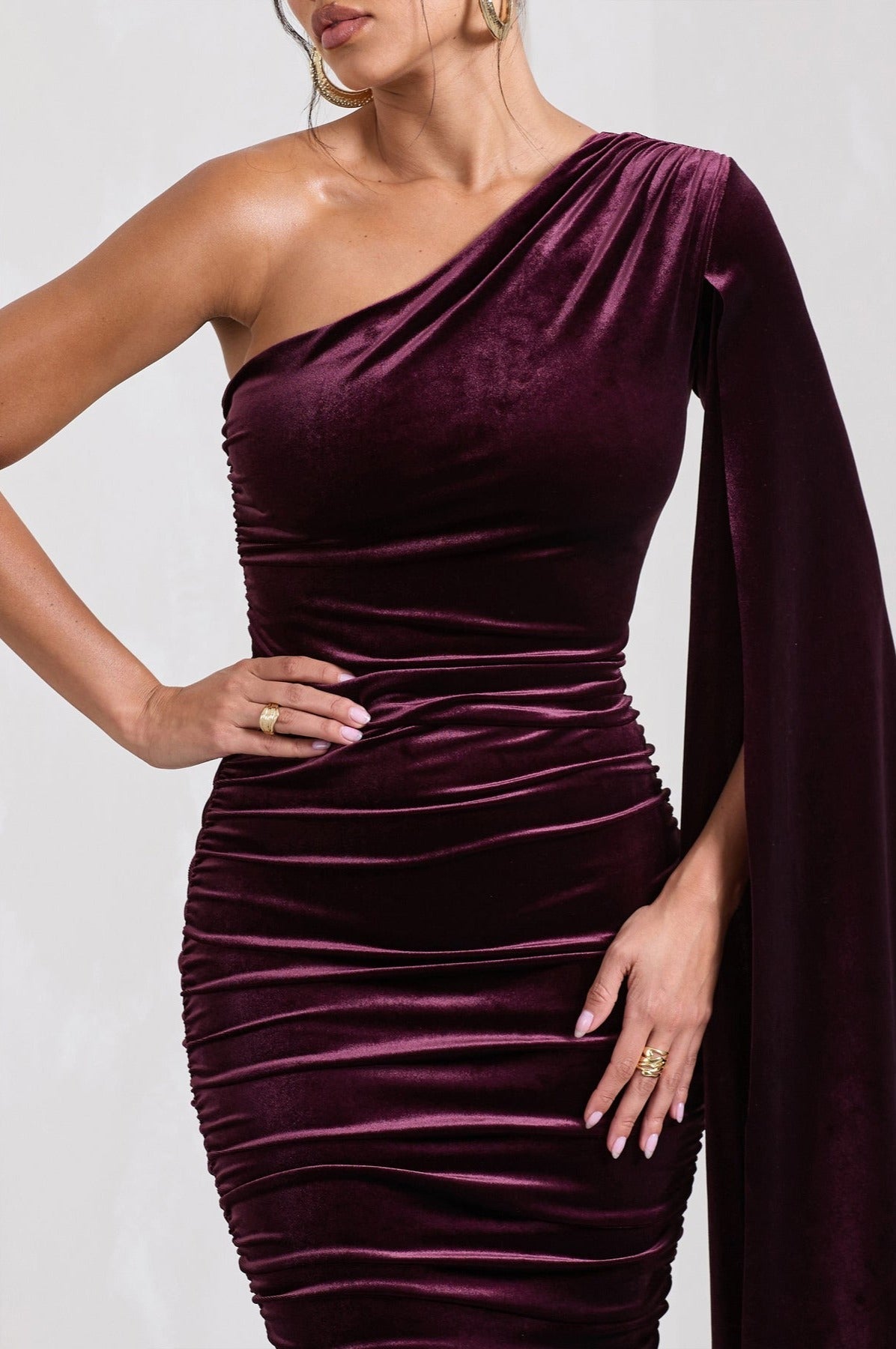 Glamour Velvet One Shoulder Cape Midi Dress