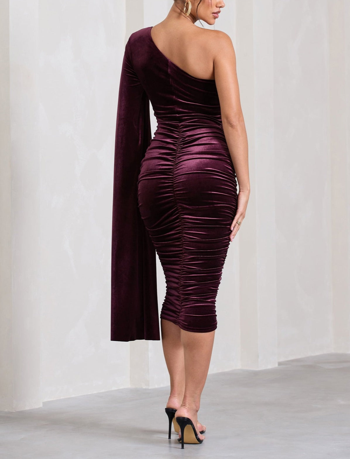 Glamour Velvet One Shoulder Cape Midi Dress