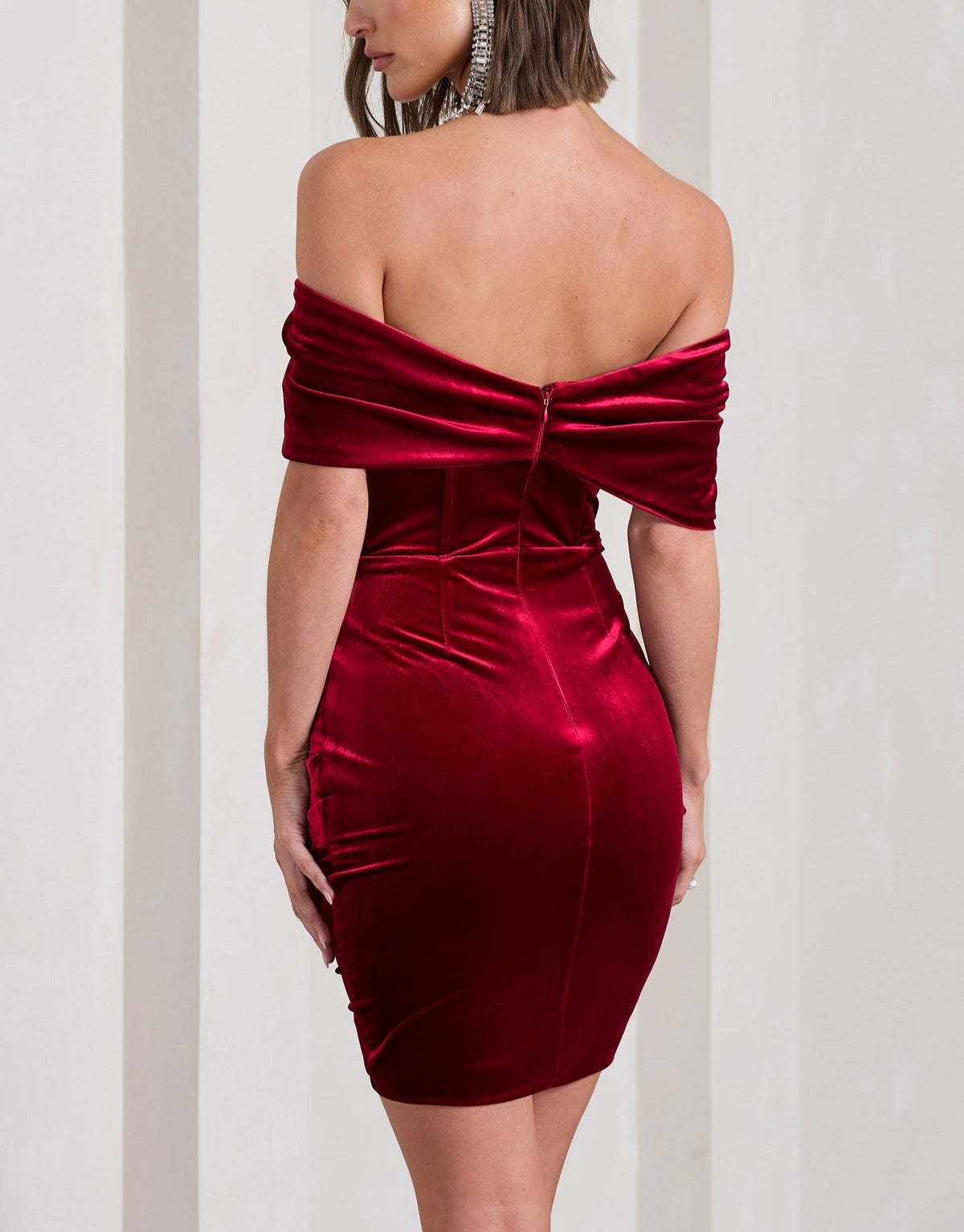 Crimson Velvet Bardot Wrap Mini Dress
