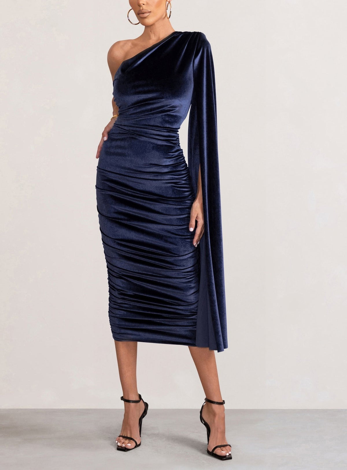 Glamour Velvet One Shoulder Cape Midi Dress