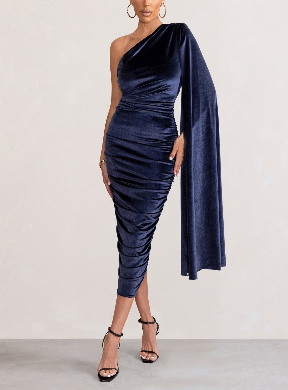 Glamour Velvet One Shoulder Cape Midi Dress