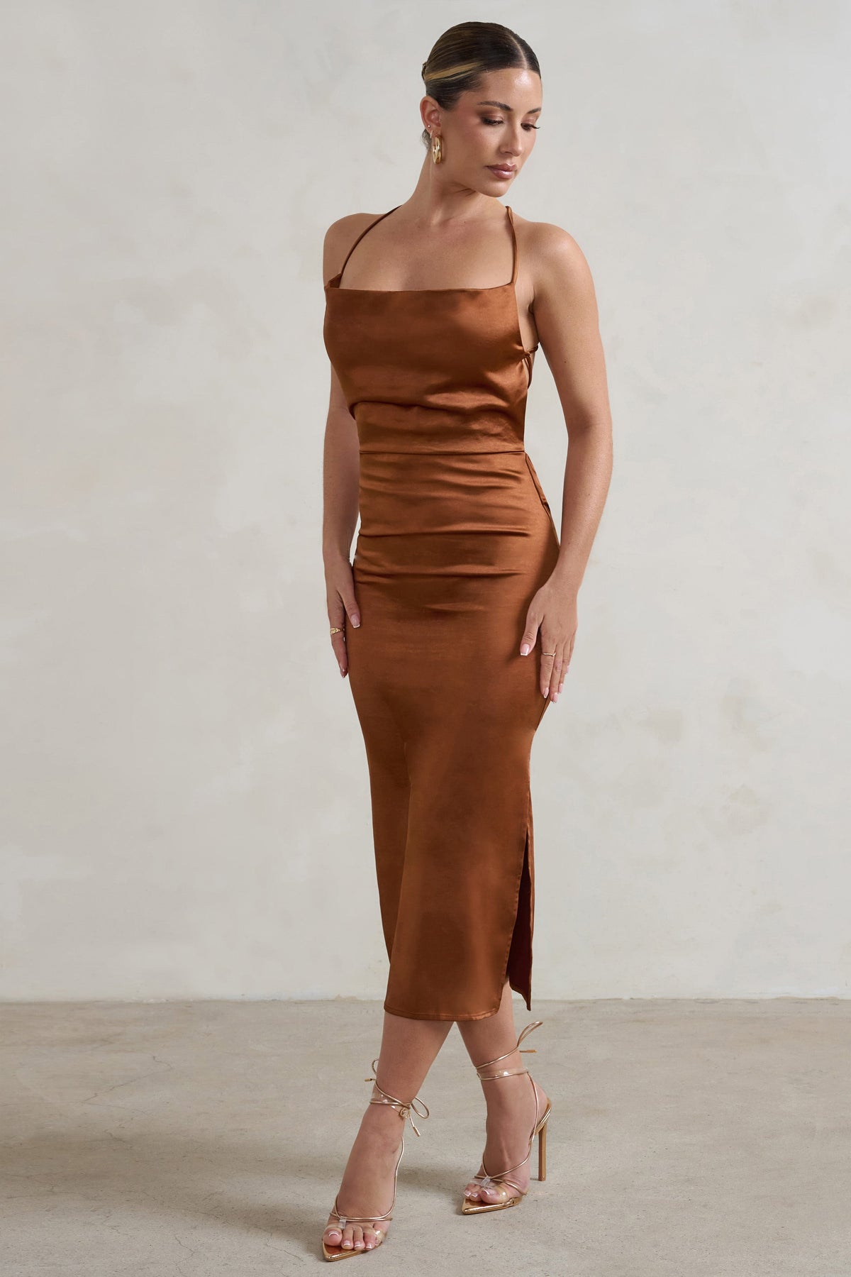Copper Cowl Neck Midi Dress with Waist Tie