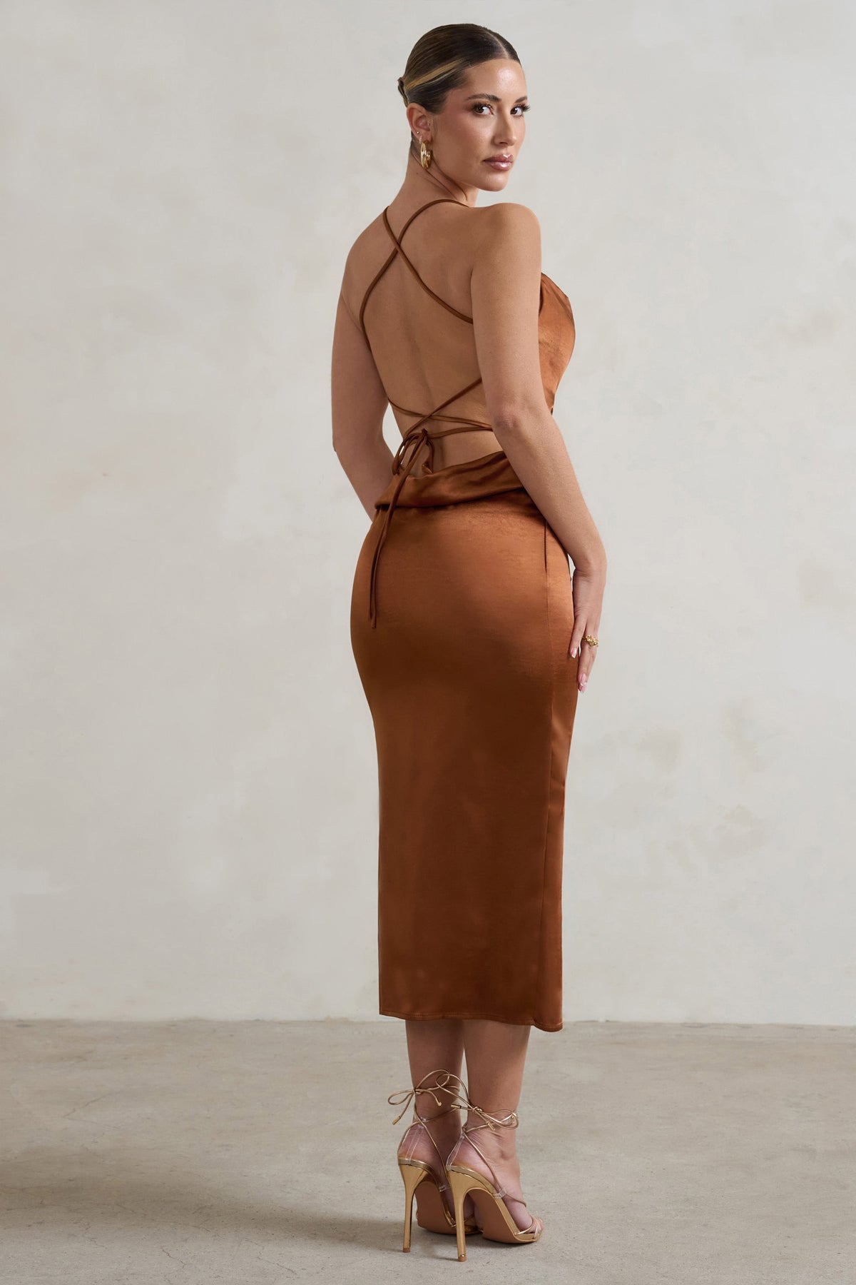 Copper Cowl Neck Midi Dress with Waist Tie