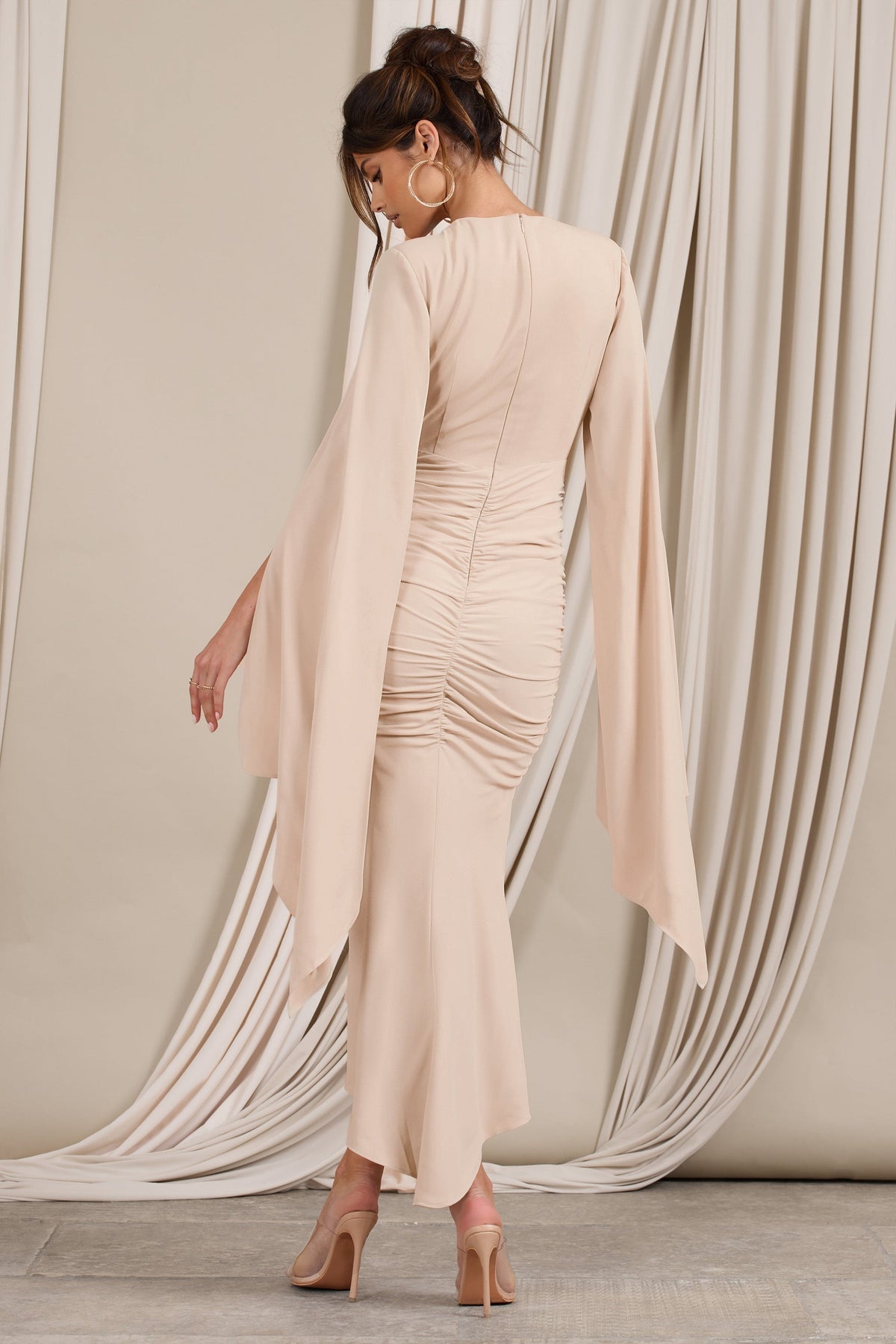 Elegant Champagne Long Sleeved Flared Midi Dress