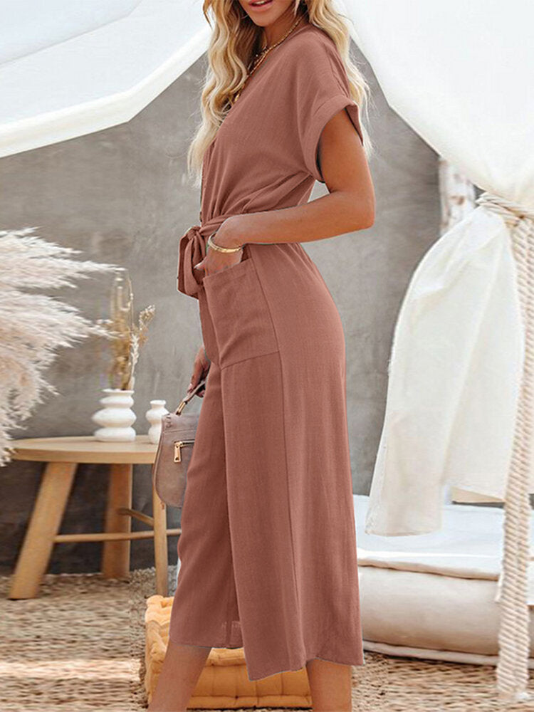 Solid Button Belt V-neck Pocket Short Sleeve  Women Jumpsuits