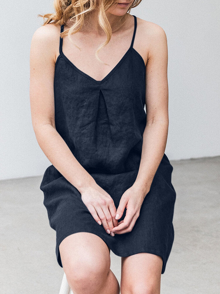 Solid Pocket Spaghetti Strap Backless Dress For Women
