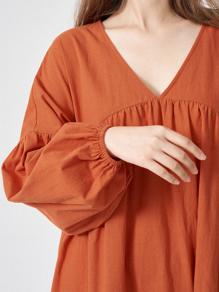 Solid V-neck Loose Casual Long Sleeve Women Dress