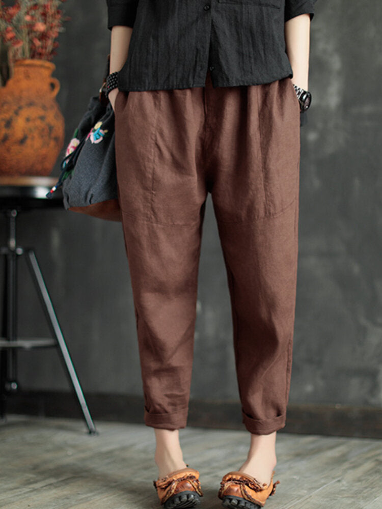 Plain Elastic Waist Pocket Casual Cotton Linen Pants
