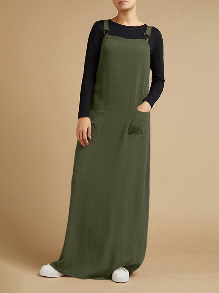 Solid Sleeveless Pocket Casual Dress For Women