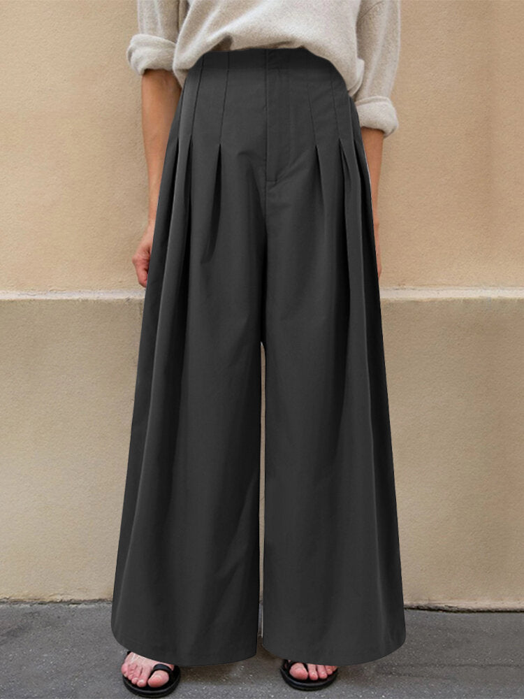 High Waist Wide-Legged Front Zipper Side Pockets Pleated Pants