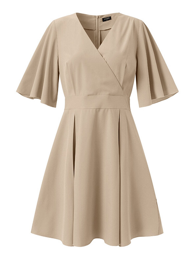 Cross Wrap Solid Pleats V-neck Back Zipper Causal  Women Dress