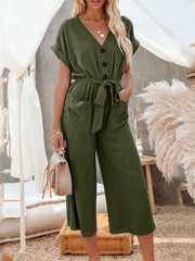 Solid Button Belt V-neck Pocket Short Sleeve  Women Jumpsuits