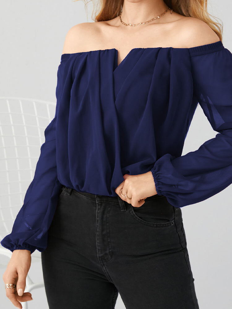 Solid Chiffon Semi Sheer Off-shoulder Long Sleeve Blouse
