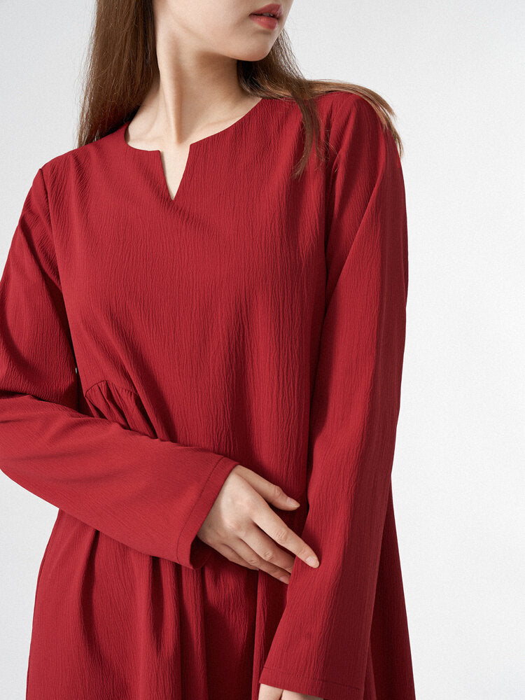 Women Solid Half Open Collar Long Sleeve Maxi Dress