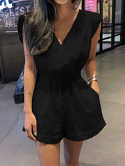 Solid Color Knotted Pocket High Waist V-Neck Sleeveless  Women Romper