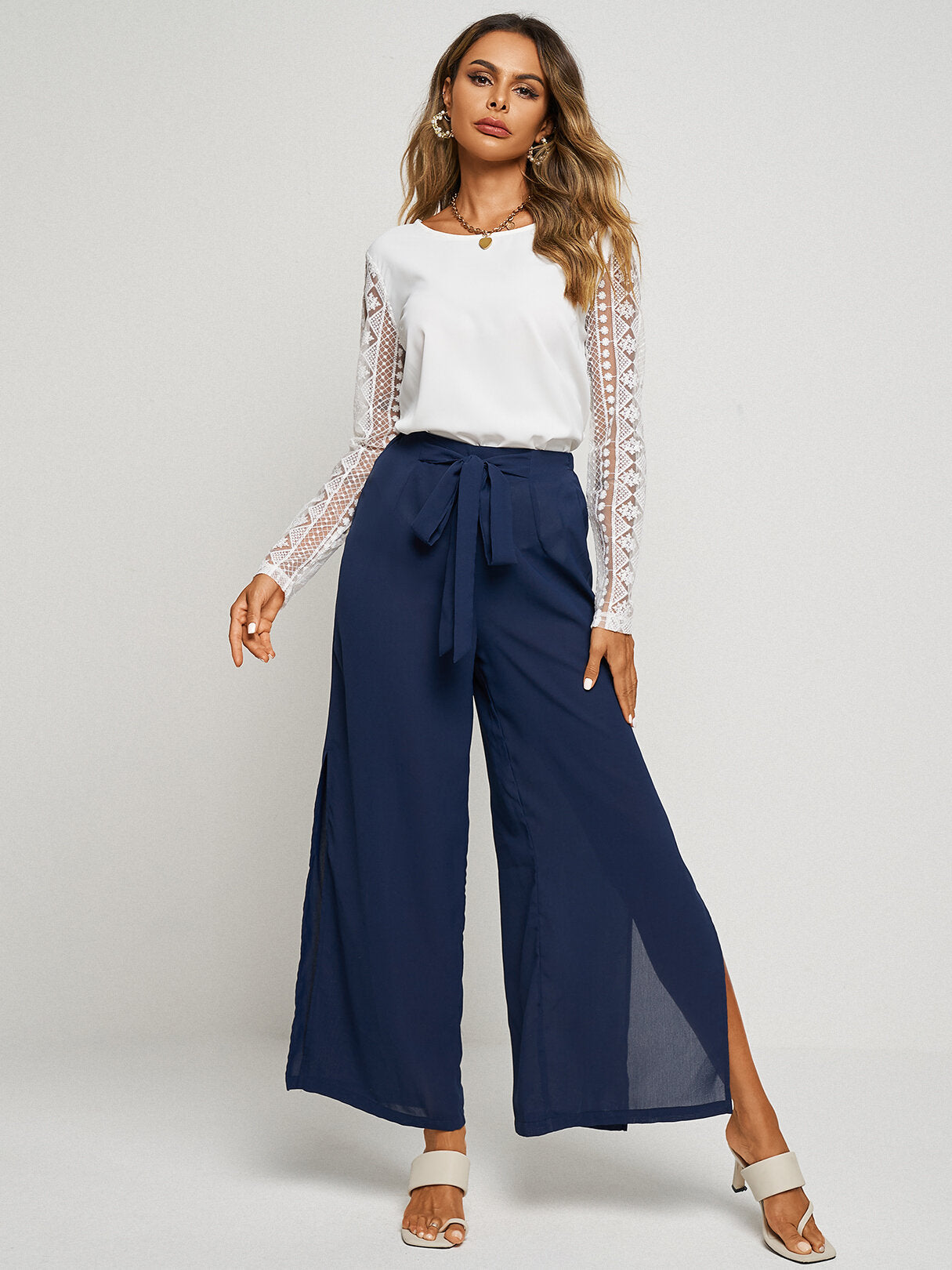 Solid Color Knotted Waist Slit Hem Wide Leg Pants