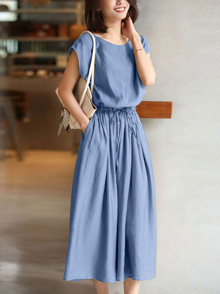 Drawstring Waist Pocket Solid Short Sleeve Casual Cotton Women Dress