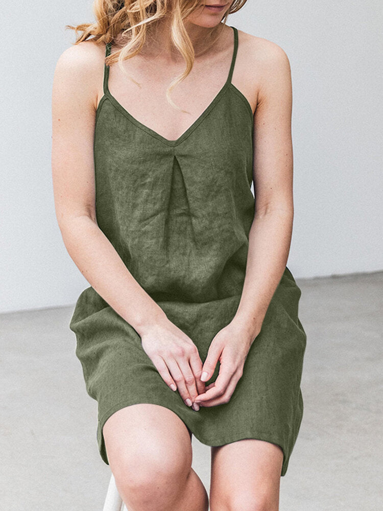 Solid Pocket Spaghetti Strap Backless Dress For Women