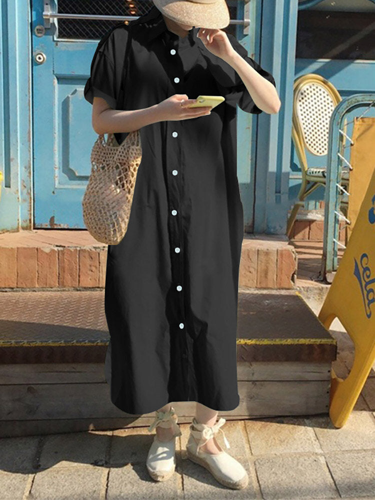 Solid Button Long Sleeve Lapel With Belt Women Dress