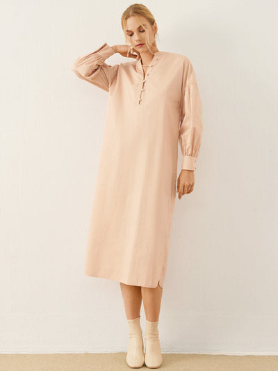 Solid Slit Hem Button Front Long Sleeve Stand Collar Women Dress