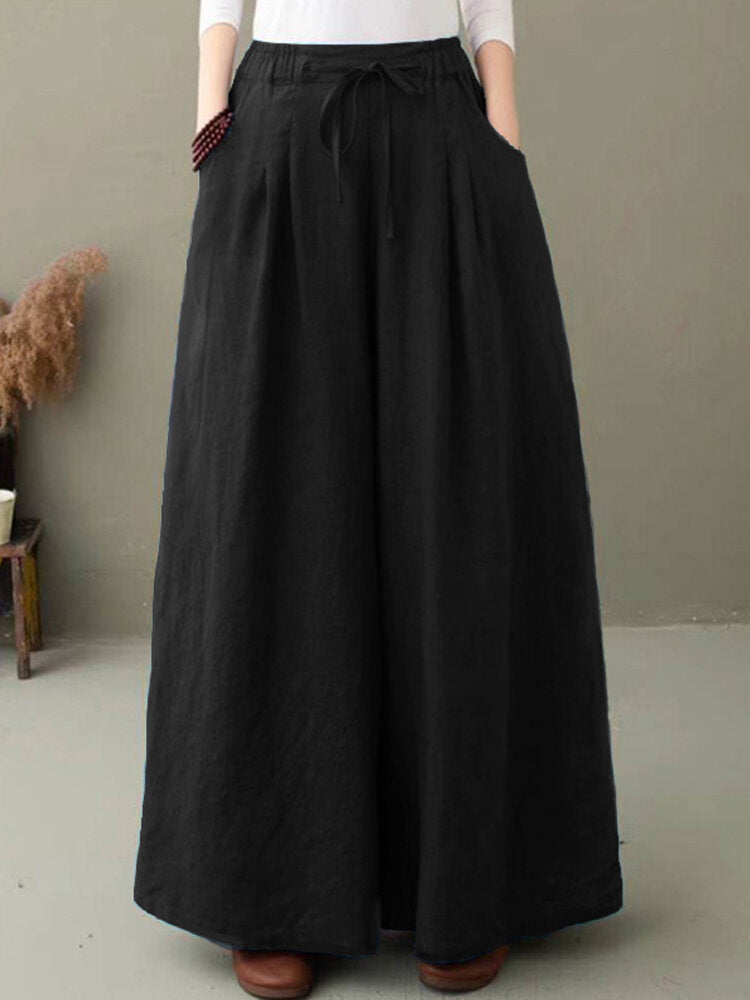 Solid Drawstring High Waist Pocket Wide Leg Pants