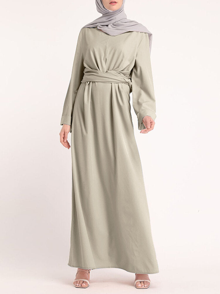 Solid Color Knotted Long Sleeve Maxi Muslim Women Dress